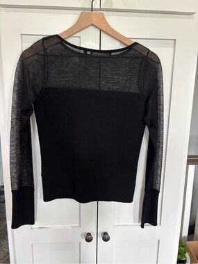 ✨Lafayette 148 New York Small Black Sheer-Panel Long Sleeve Top